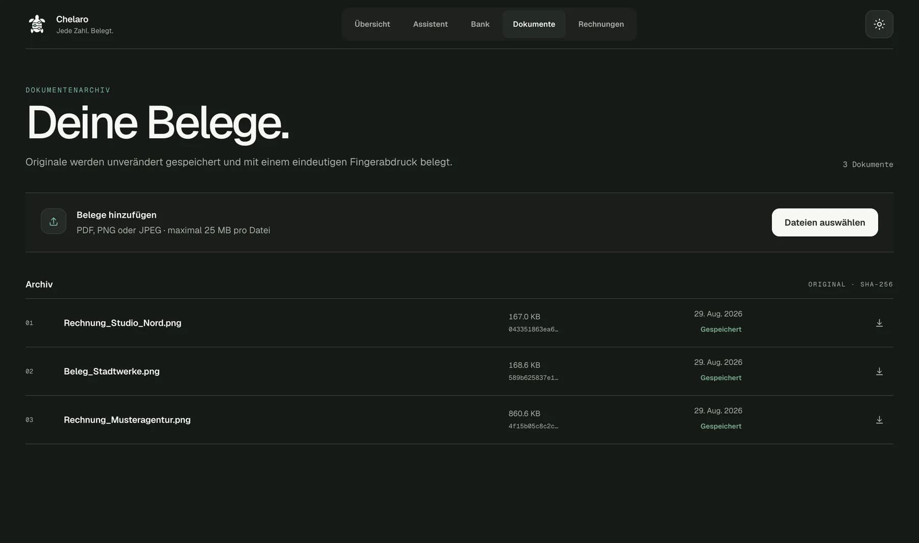Dokumentenarchiv von Chelaro mit synthetischen Belegen, Content Hash und Statusspalte