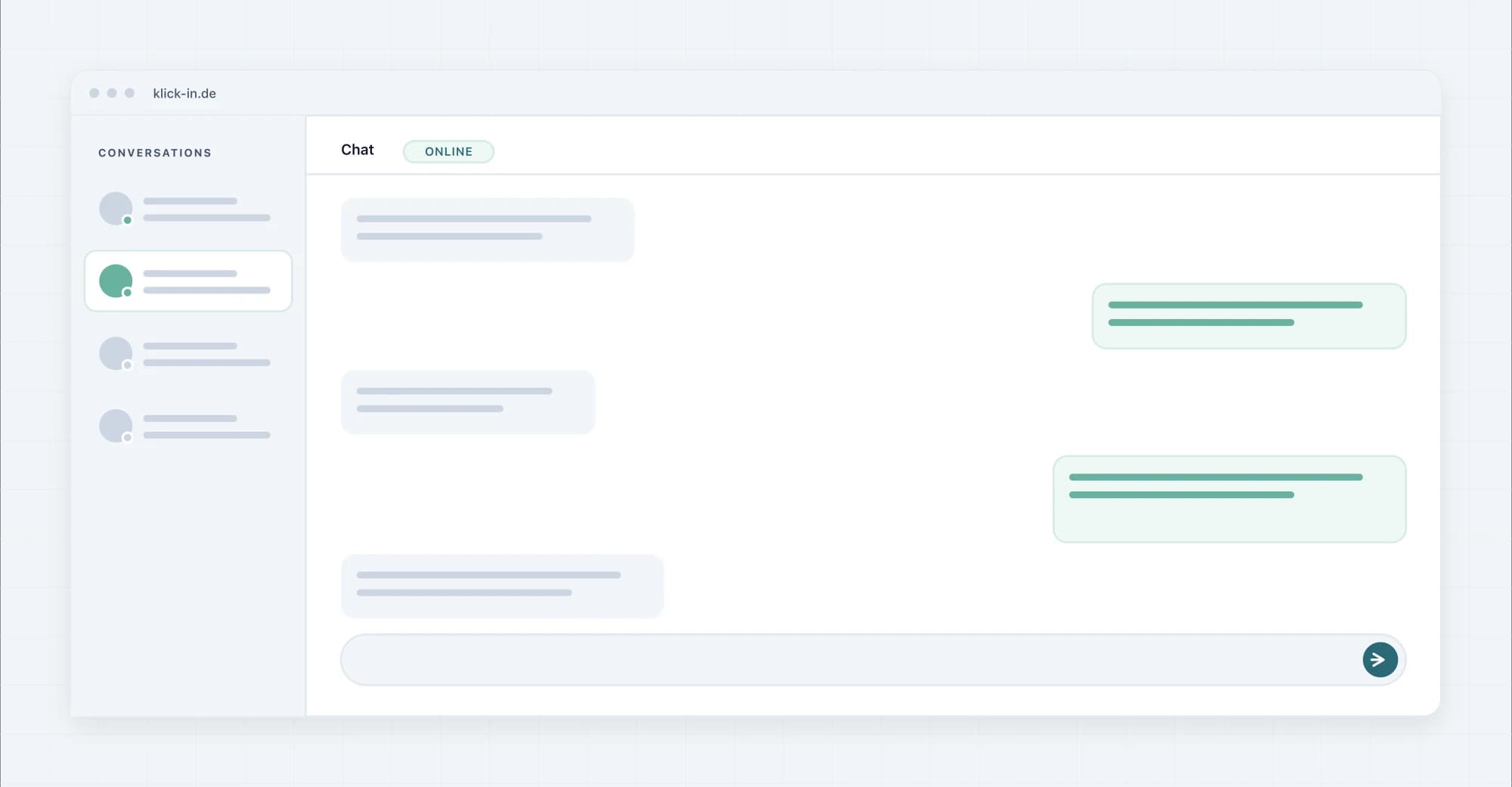Schematic view of the KLICKin real-time chat with a conversation list and online status